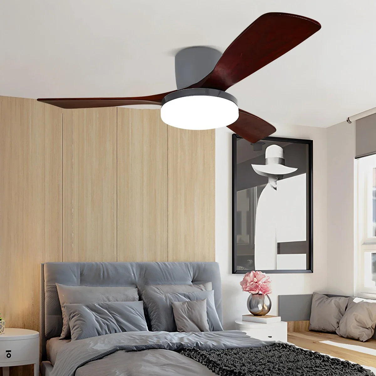 Eloer Wood 3 Blade Low Profile Ceiling Fan Lamp