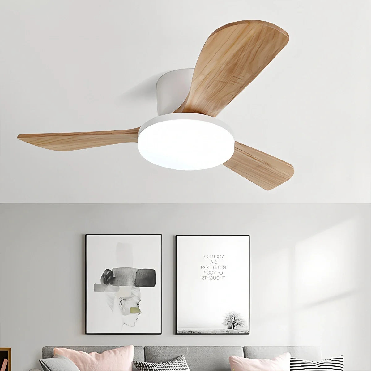 Eloer Wood 3 Blade Low Profile Ceiling Fan Lamp