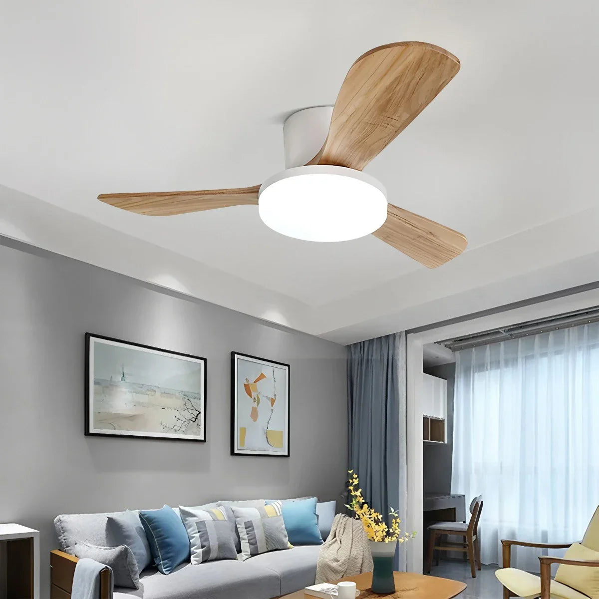 Eloer Wood 3 Blade Low Profile Ceiling Fan Lamp