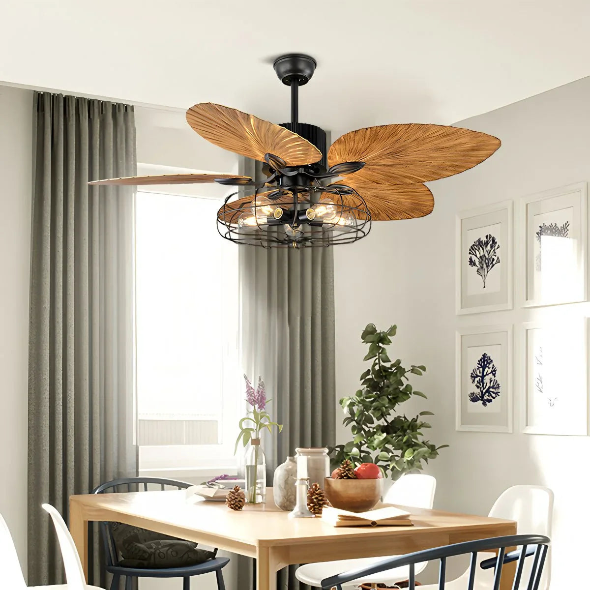 Eloer Industrial Tropical Palm Leaves Ceiling Fan Light