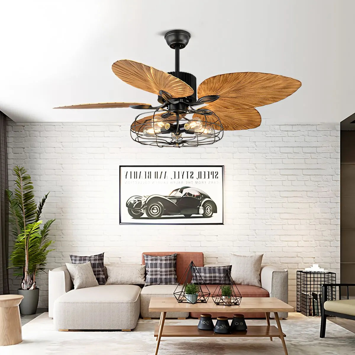 Eloer Industrial Tropical Palm Leaves Ceiling Fan Light