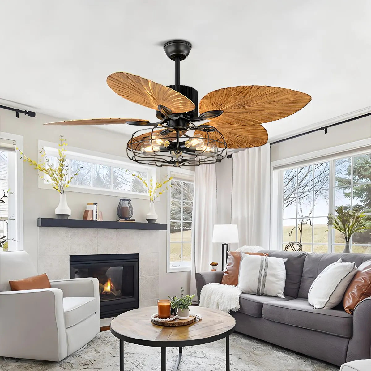 Eloer Industrial Tropical Palm Leaves Ceiling Fan Light