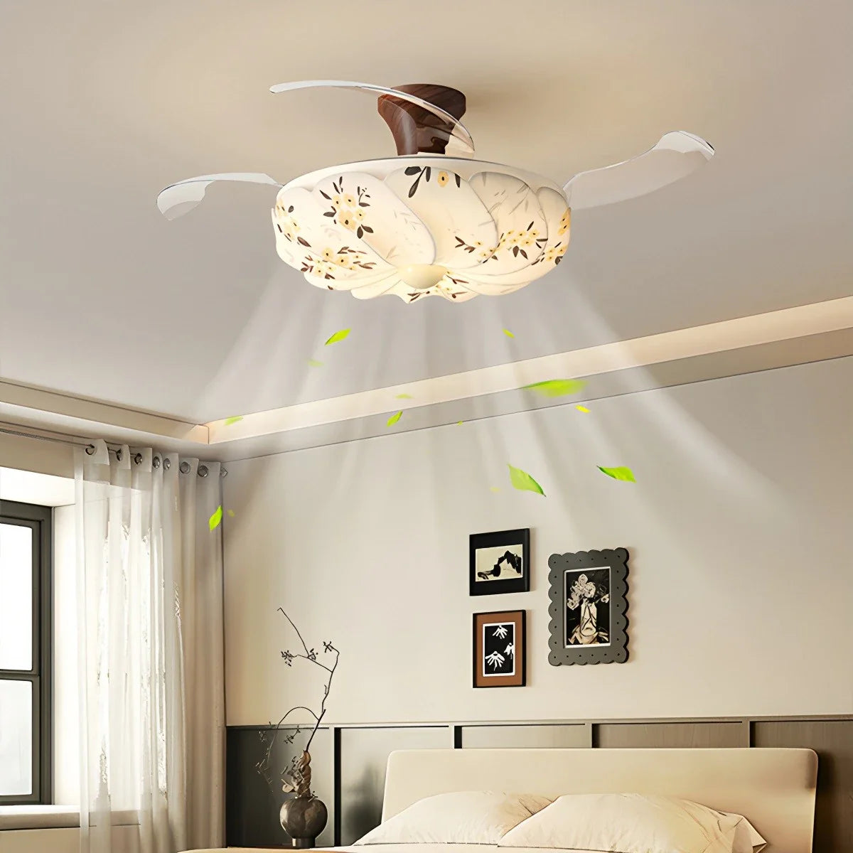 Eloer Floral Fabric Retractable Ceiling Fan Light