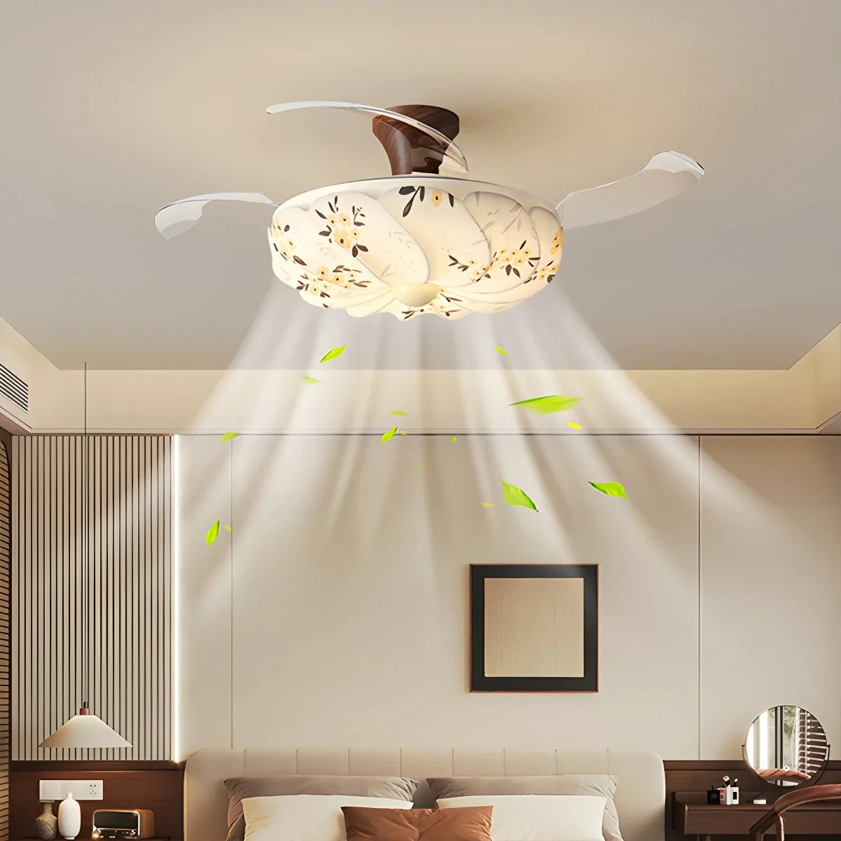 Eloer Floral Fabric Retractable Ceiling Fan Light